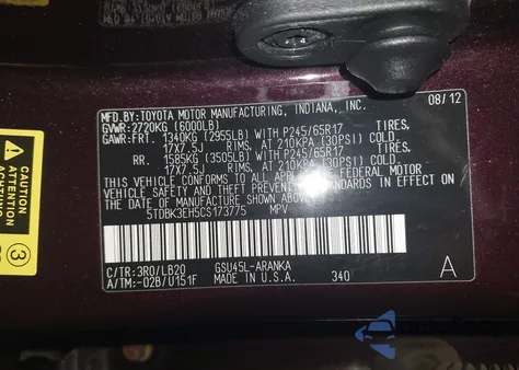 2012 Toyota Highlander Se V6 z USA, uszkodzony, nr VIN 5TDBK3EH5CS173775